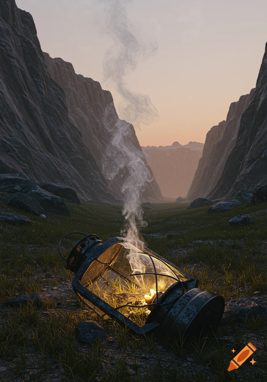 A broken lantern lies on the grass in a silent valley between mountains, emitting faint smoke at dusk. Photorealistic.