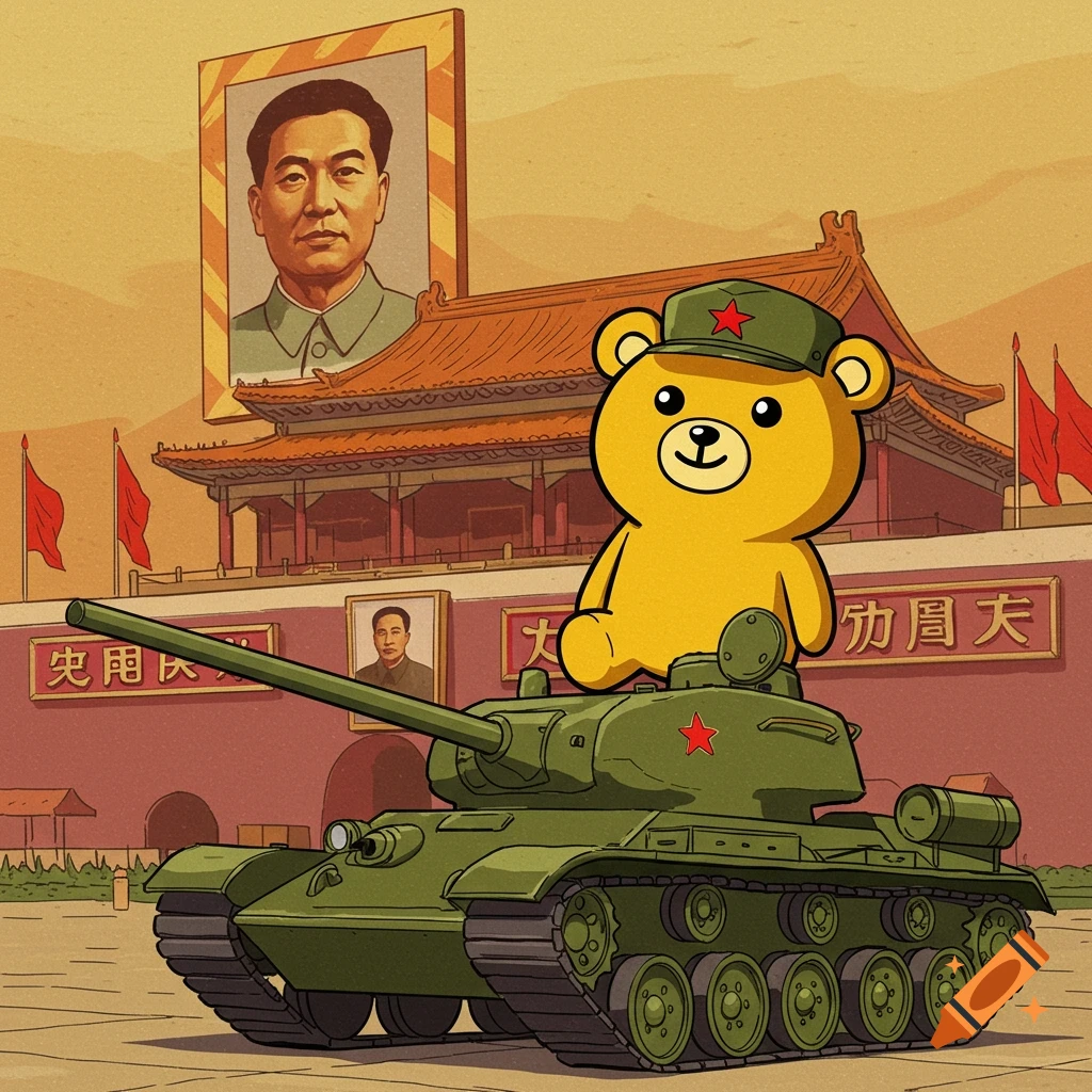 Cartoon yellow bear in a tank before Tiananmen Gate and a Chinese leader's portrait, in vintage propaganda style.