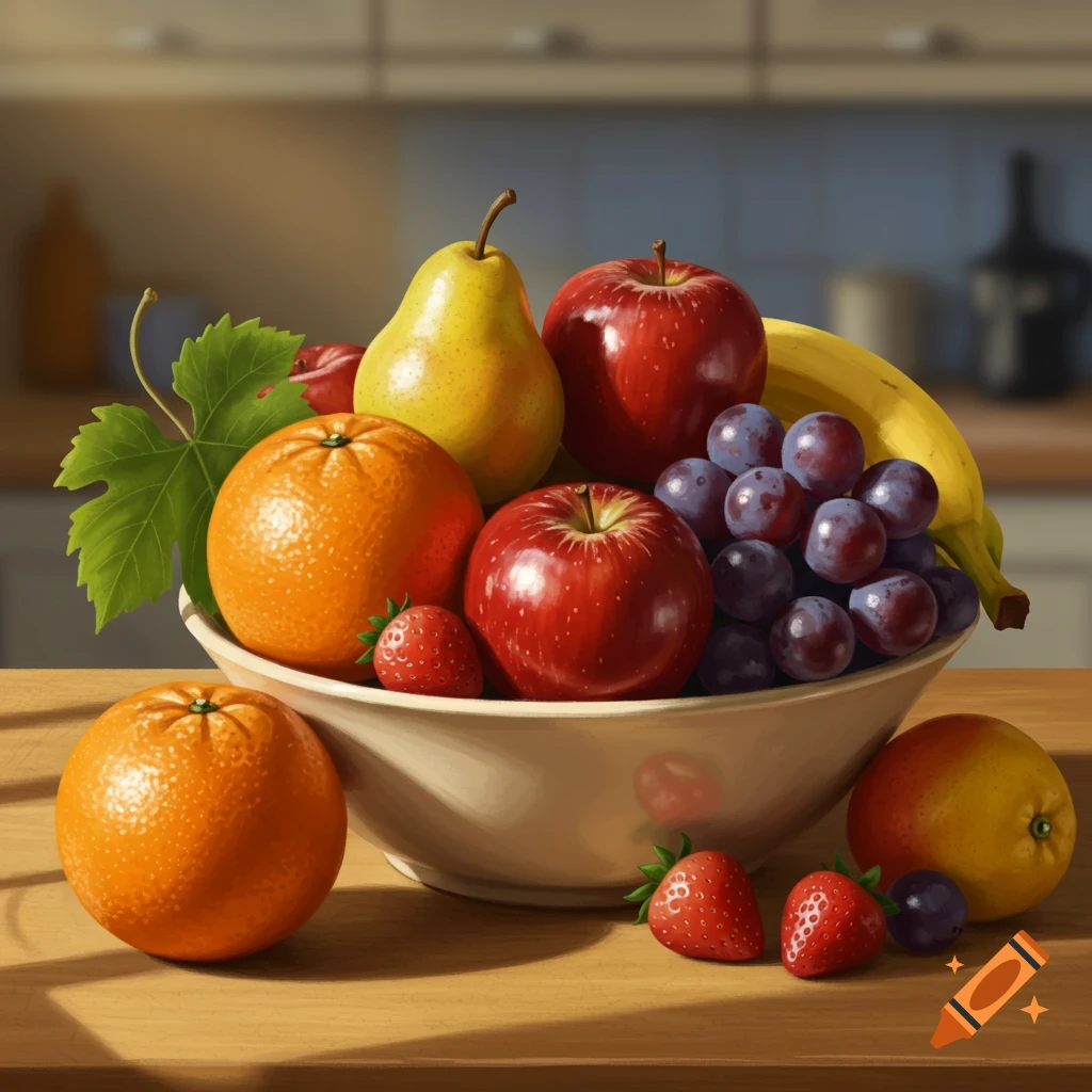 A photorealistic still life features a white bowl brimming with apples, oranges, a pear, grapes, and banana, set on a wooden table.