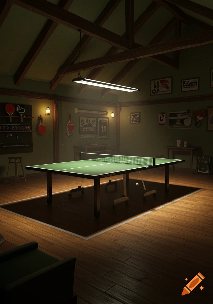 A dimly lit game room features a green ping pong table under a long fluorescent light, with wooden floors and sports memorabilia decorating green walls.