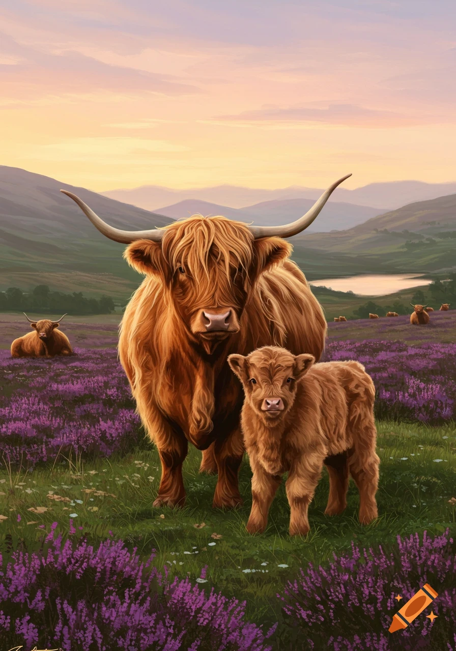 A mother Highland cow and calf stand in a field of purple heather with mountains and a lake at sunset.