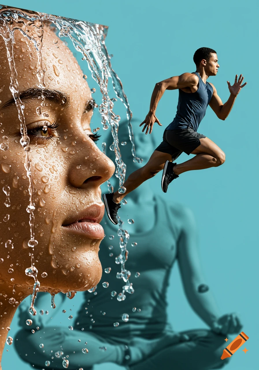 Close-up of a wet face with water splashing, a male runner mid-stride, and a blurred meditating figure against a teal background.