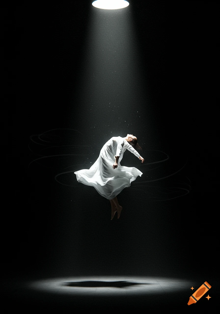 A person in a white dress floats in a dramatic spotlight with motion blur against a dark background, in a surreal, artistic style.