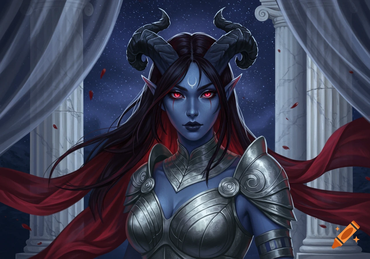Blue-skinned tiefling woman with black horns and glowing red eyes in silver armor and a red cape against a starry night and columns.