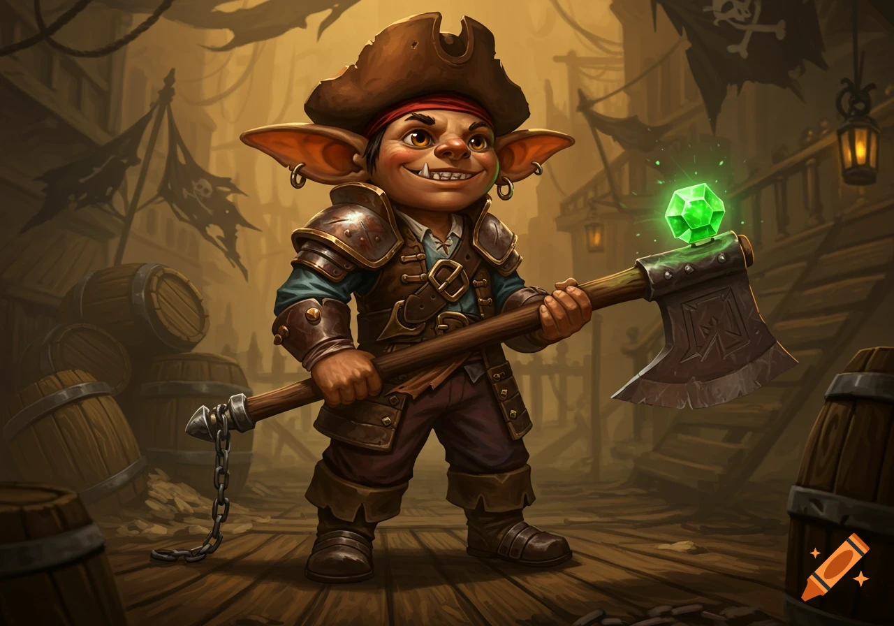 A stylized illustration of a goblin child pirate in heavy armor and a hat, holding a large axe with a glowing green gem.
