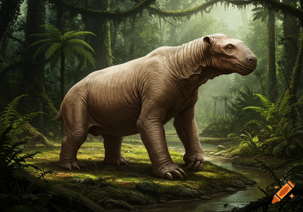 A large, hairless Eremotherium, a giant ground sloth, stands on a mossy bank beside a stream in a lush, dense prehistoric jungle.
