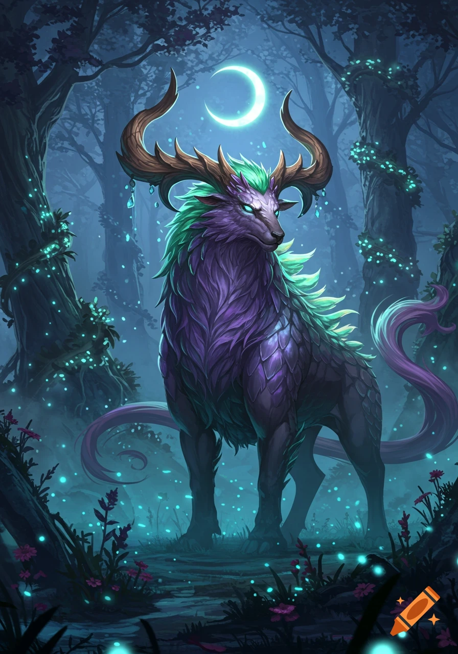 A majestic purple and green fantasy creature with large horns stands in a mystical blue forest under a crescent moon.