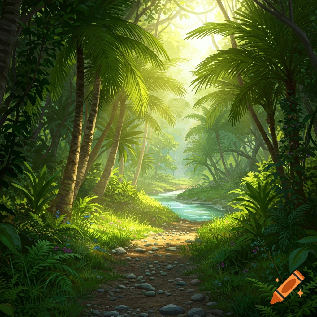 A vibrant, illustrated jungle scene with a sunlit dirt path, a winding river, and tall palm trees.