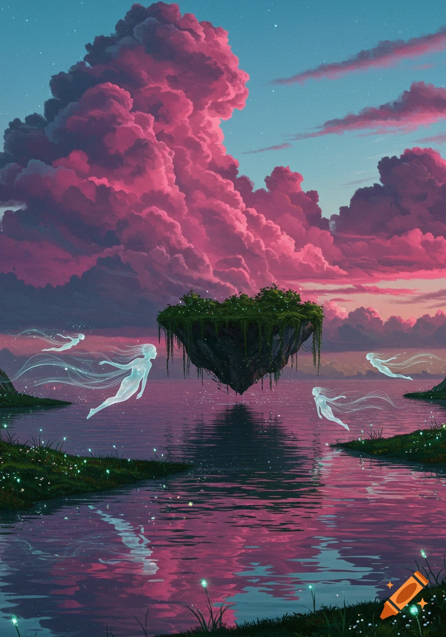 Dreamlike fantasy scene with a floating island, glowing ethereal figures, and vibrant pink clouds reflected in a lake at twilight.