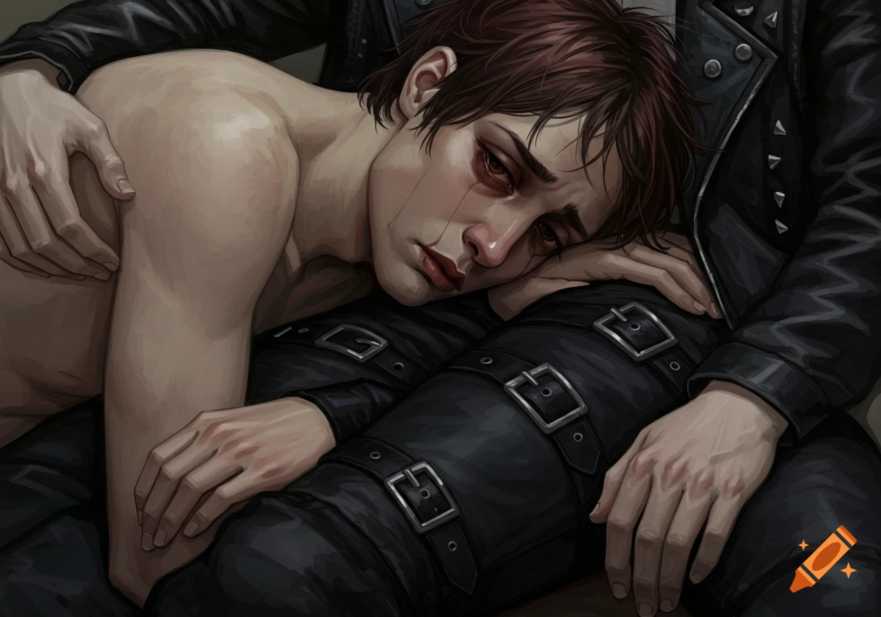 A melancholic, shirtless person with red-rimmed eyes rests their head on a lap clad in black leather and buckles, digital painting.
