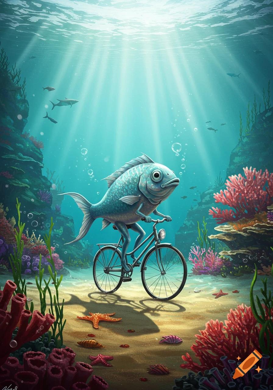 A whimsical illustration of a fish with human legs riding a bicycle underwater, surrounded by vibrant coral and ocean life.