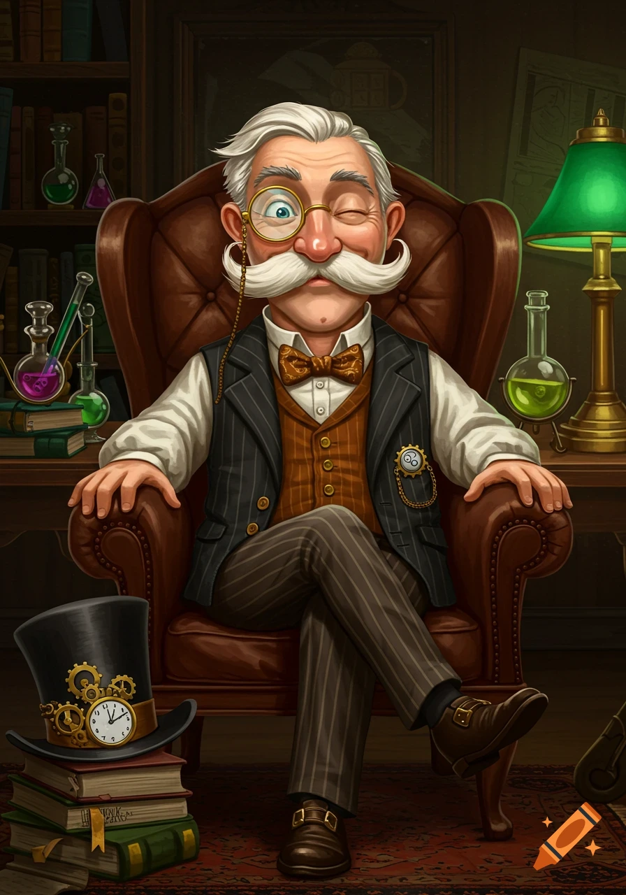 A cartoonish, white-haired old man with a mustache and monocle sits in a leather armchair, winking. He wears a pinstripe suit, bow tie, and waistcoat. Scientific flasks are on a nearby desk, and a steampunk top hat rests on books.