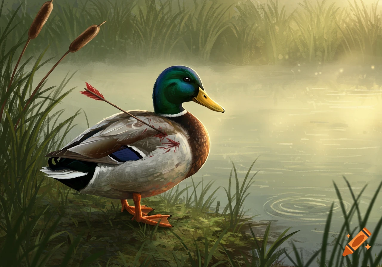 Illustration of a mallard duck standing by a misty pond with an arrow in its chest, surrounded by tall reeds.