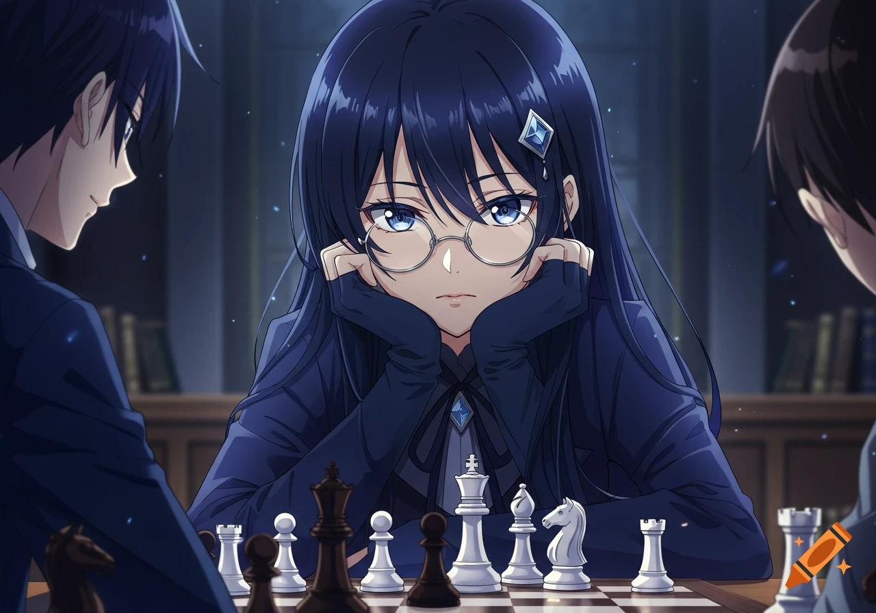 An anime girl with long dark blue hair and glasses intently plays chess against a boy in a dimly lit room.