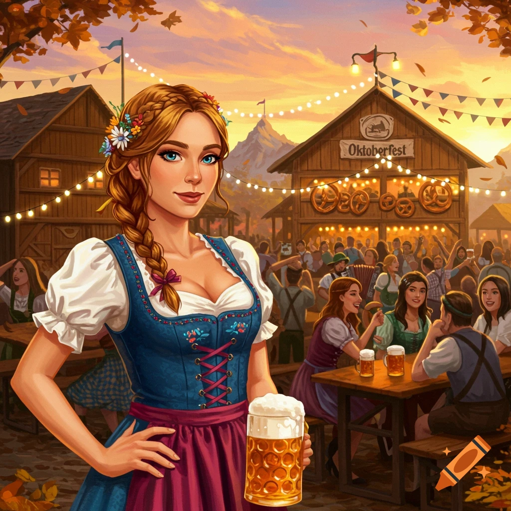 Illustrated, a woman in a dirndl holds a beer mug at a lively Oktoberfest celebration with crowds and festive decorations.