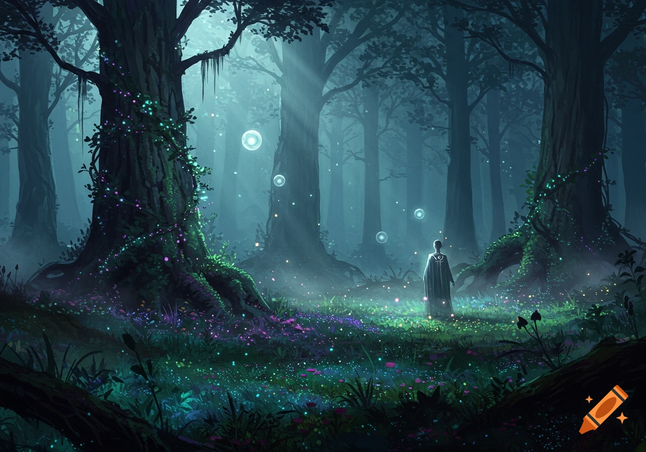 A lone figure stands in a dark, mystical forest with glowing plants, flowers, and floating orbs, bathed in light rays.