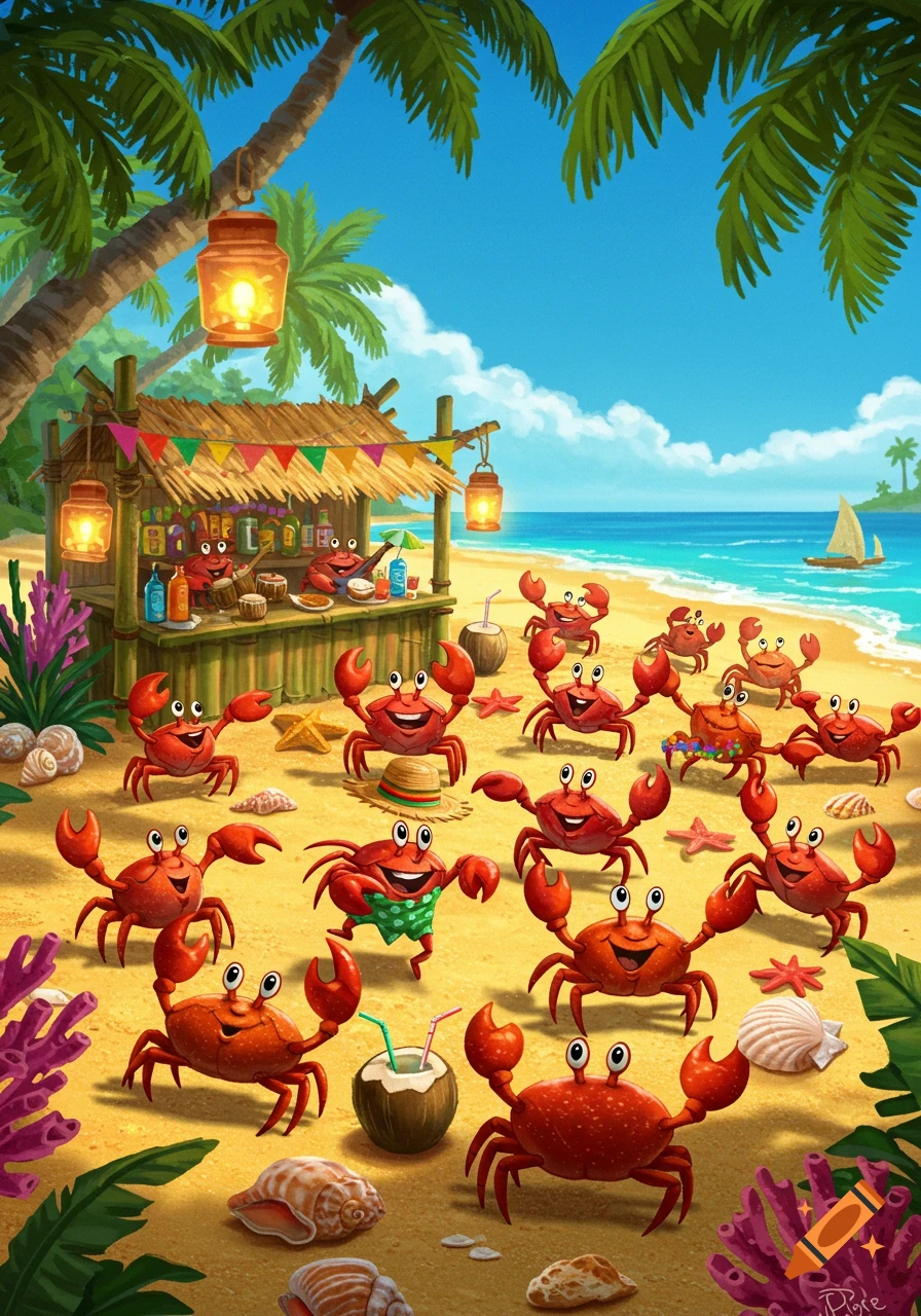 Cartoon red crabs having a lively beach party with a tiki bar under palm trees on a sunny tropical beach.