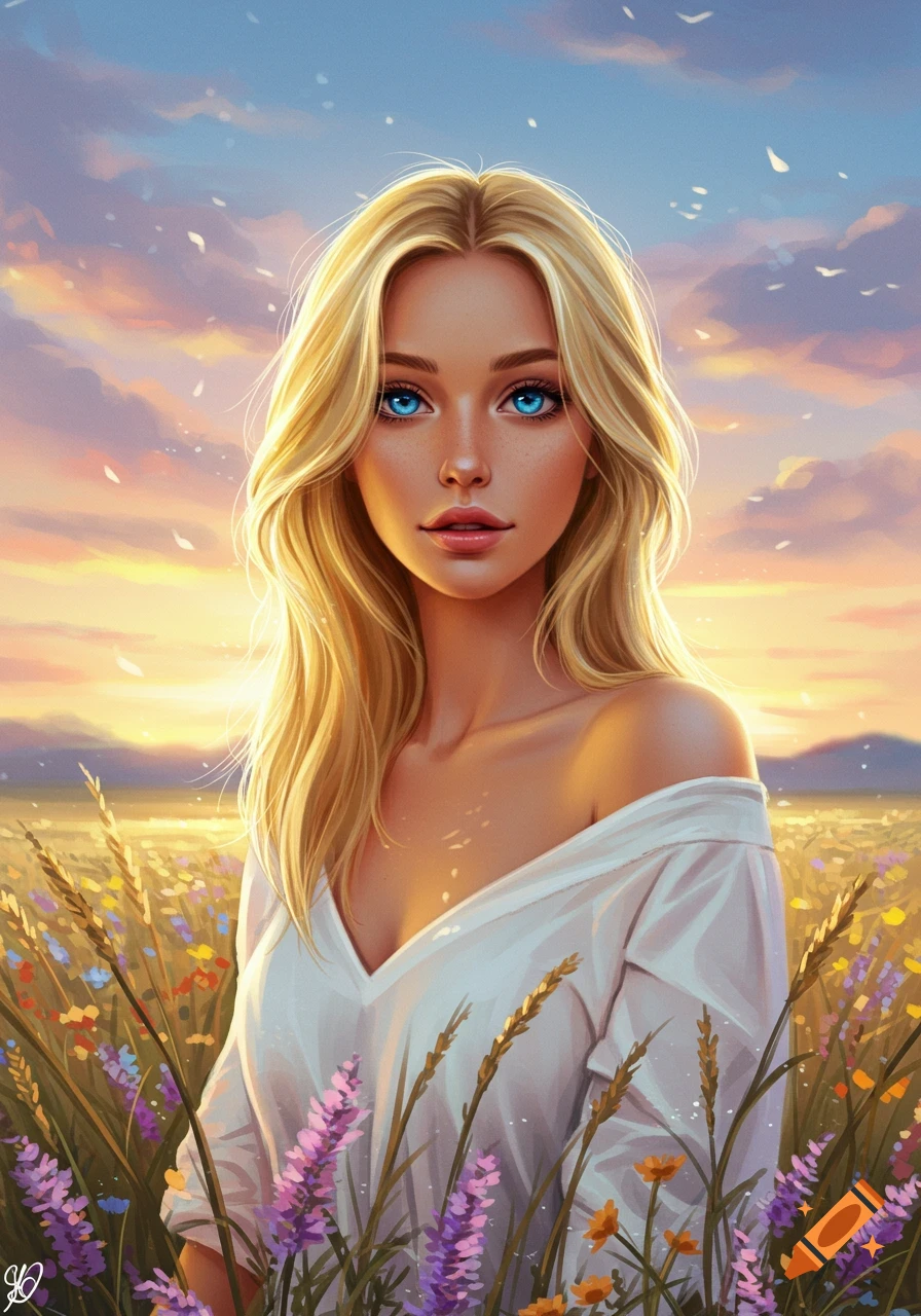 Digital illustration of a blonde woman with bright blue eyes in a field of wildflowers at sunset.