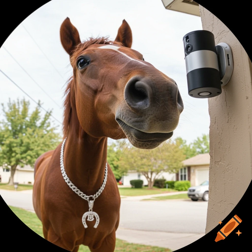A brown horse with an iced-out chain and horseshoe pendant stares directly into a Ring doorbell camera, its face distorted by a fisheye lens.
