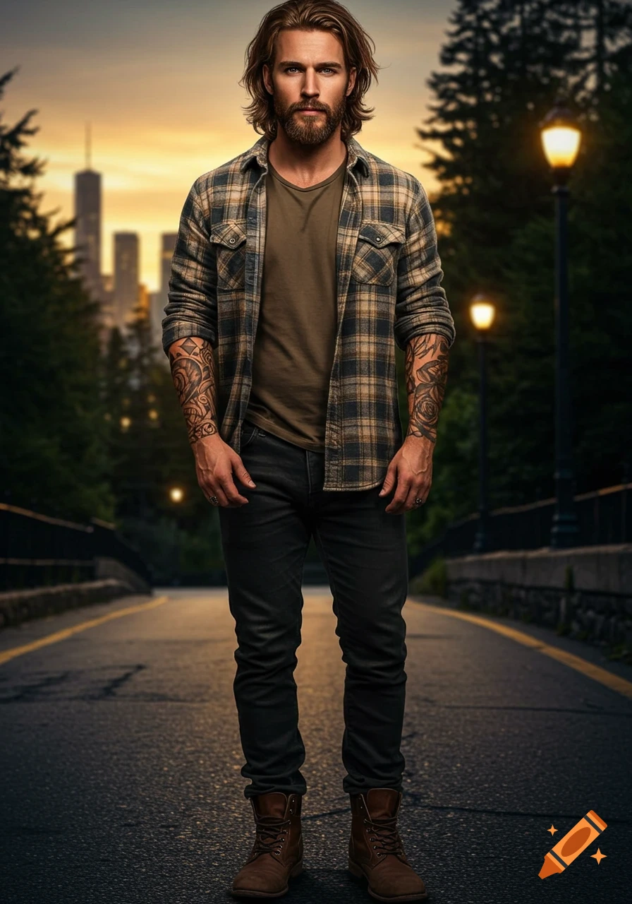 A bearded man with long hair and full sleeve tattoos, wearing a flannel shirt and jeans, stands on a road at sunset.