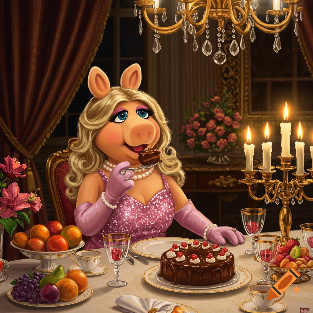 Miss Piggy in a pink sparkly dress eats chocolate cake at an opulent candlelit dinner table laden with food.