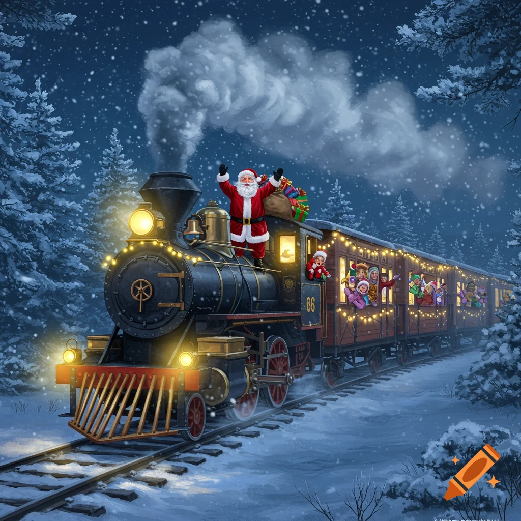 Santa Claus waves from a festive train with children in a snowy winter forest at night, illustrated in a whimsical style.