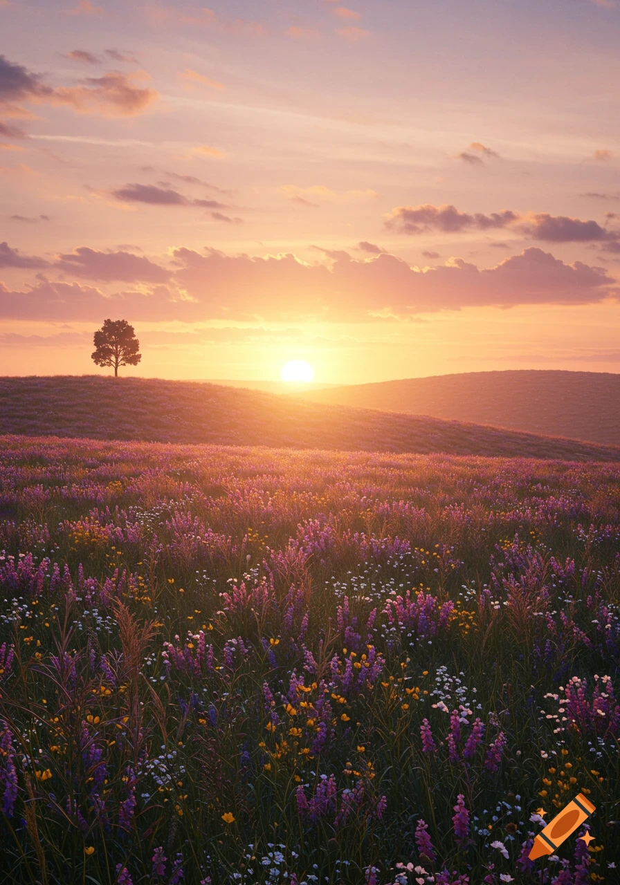 A field of purple and yellow wildflowers at sunset, with a solitary tree on a distant hill under a colorful sky.