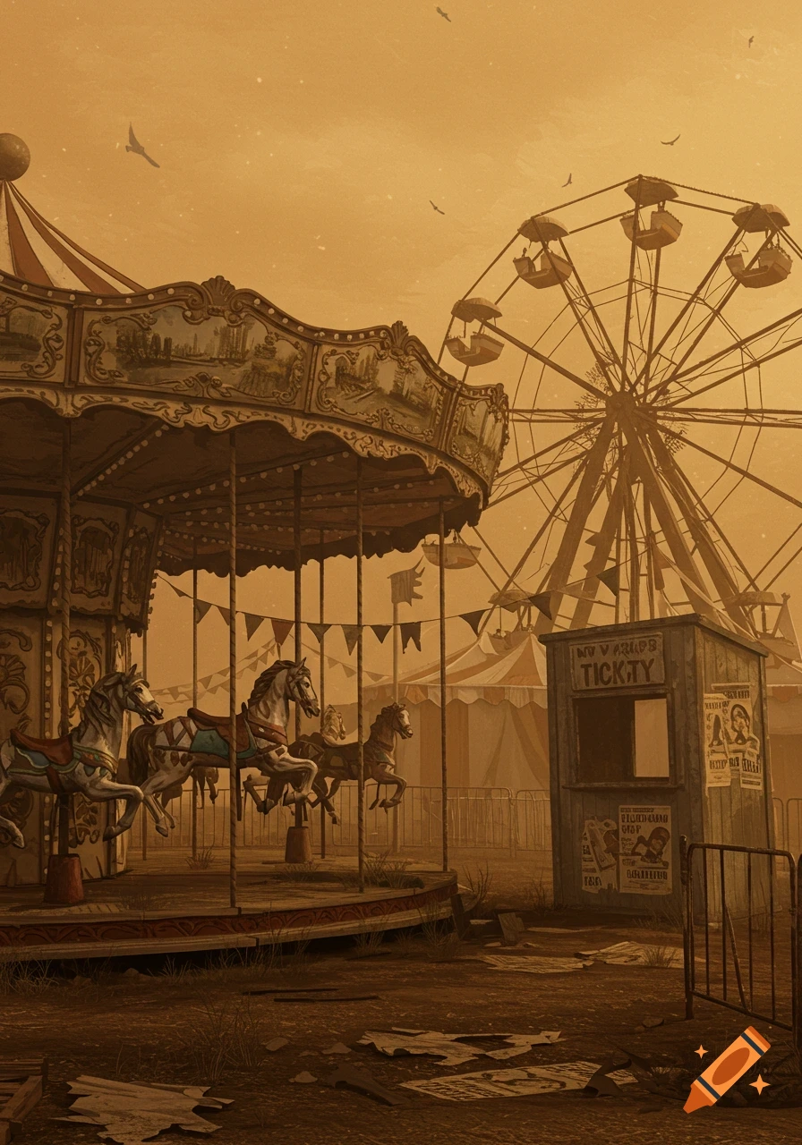 Oil painting of a decaying carnival in sepia tones, featuring an old carousel and a Ferris wheel under a dusty sky.