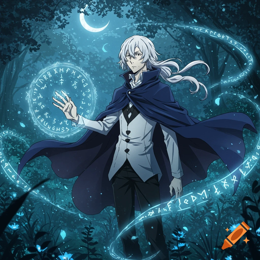 An anime character with white hair and a dark blue cape stands in a moonlit forest, summoning a glowing magical circle with runes.