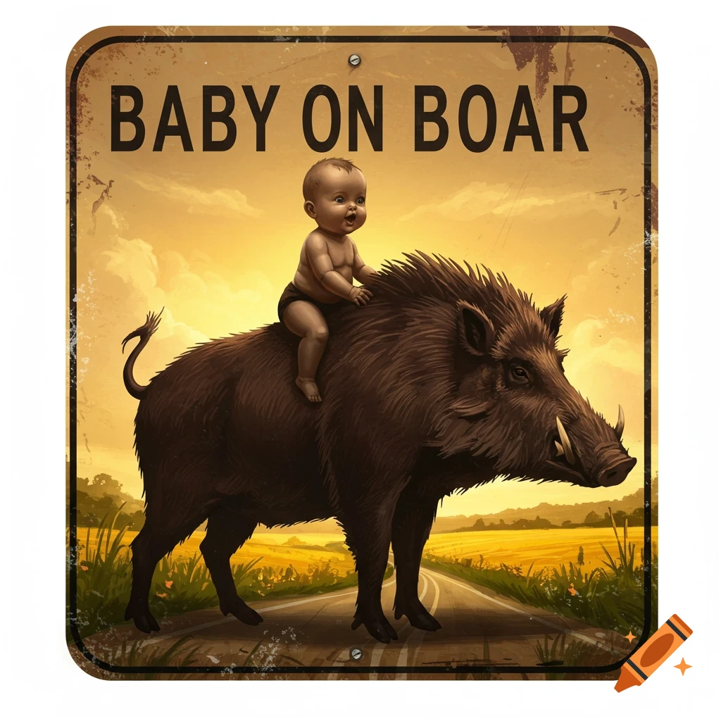 A retro distressed sign features a baby riding a wild boar, with fields and a road in the background. Text reads 'BABY ON BOAR'.