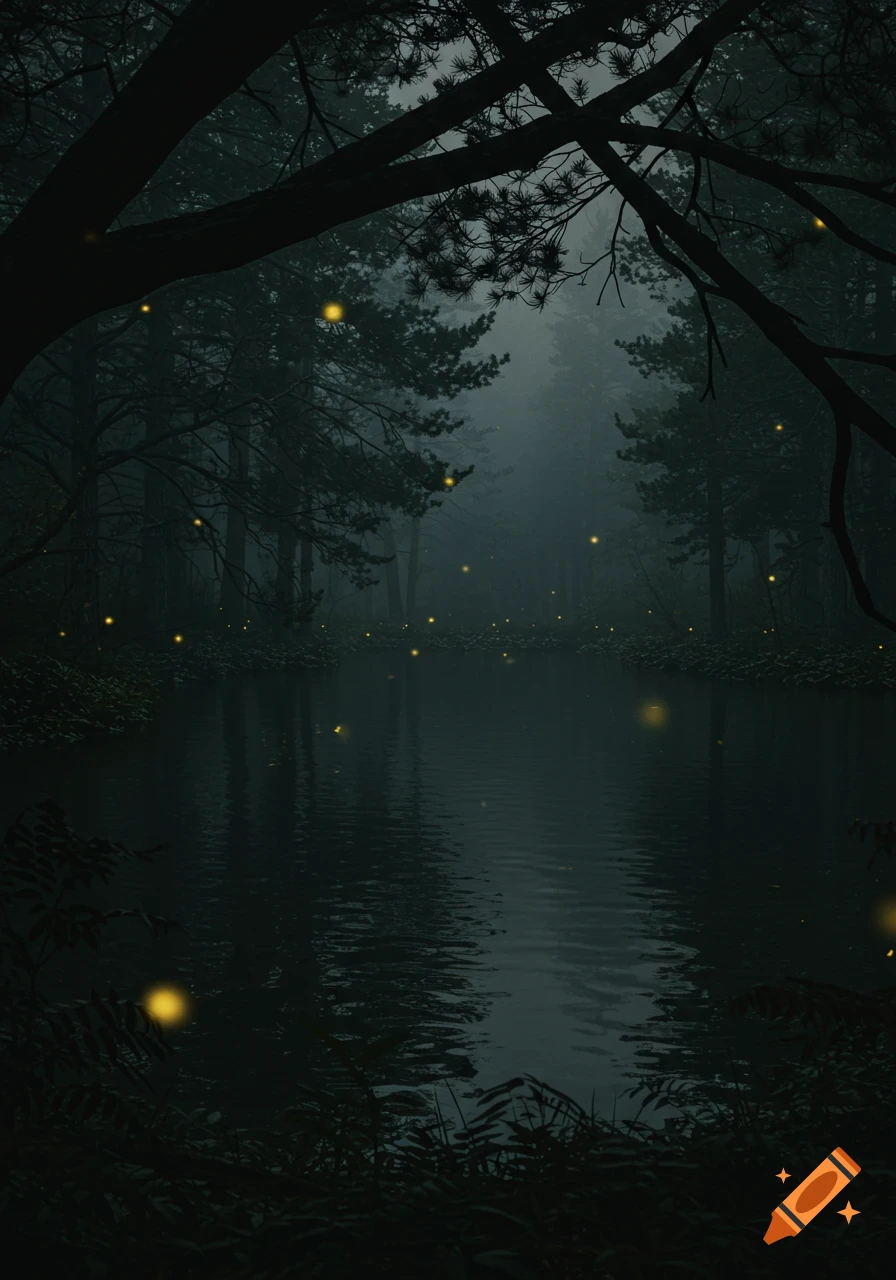 Misty, dark forest with a still pond reflecting trees and glowing fireflies.