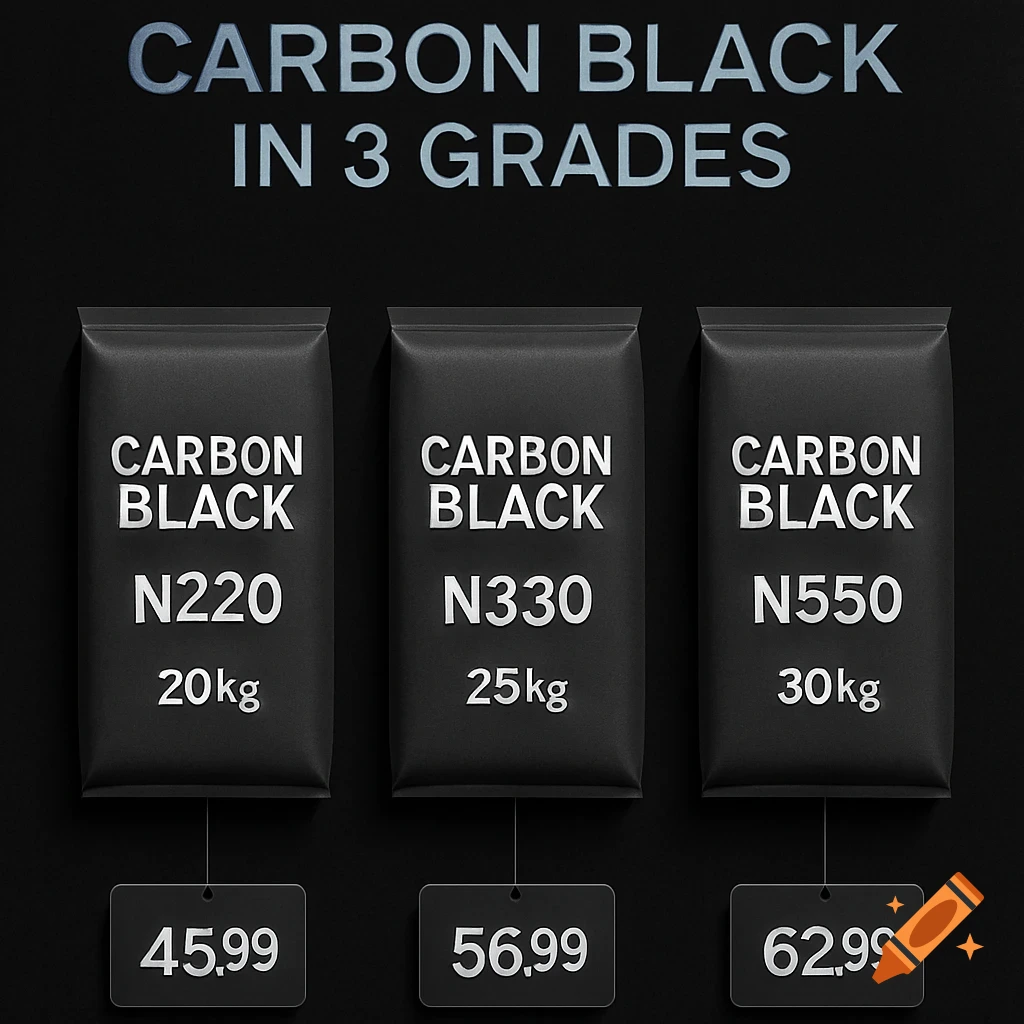 An industrial advertising poster features three black packages of Carbon Black (N220, N330, N550) with weights and prices against a dark background, under the headline "CARBON BLACK IN 3 GRADES".