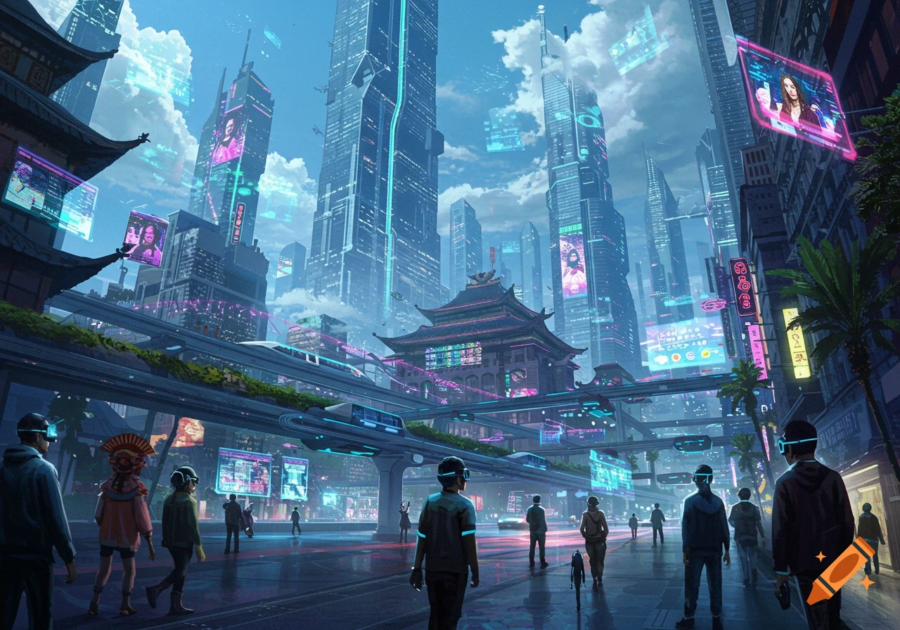 A vibrant, bustling futuristic city at twilight with towering neon-lit skyscrapers, elevated trains, and people wearing VR headsets.