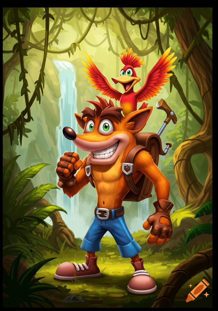 A cheerful cartoon marsupial with a red bird on his head stands in a lush jungle with a waterfall in a vibrant video game art style.