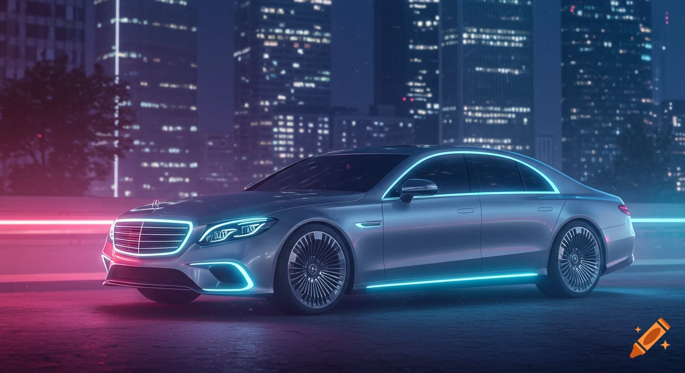 A silver Mercedes sedan with blue neon lights on a wet city street at night, against a blurred city skyline.