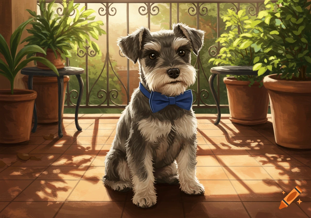 A gray and white miniature schnauzer with a blue bowtie sits on a sunny balcony with potted plants, in a painterly style.