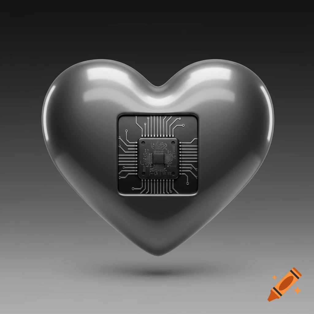A shiny, dark gray metallic heart with a detailed electronic circuit board embedded in its center, rendered in 3D.