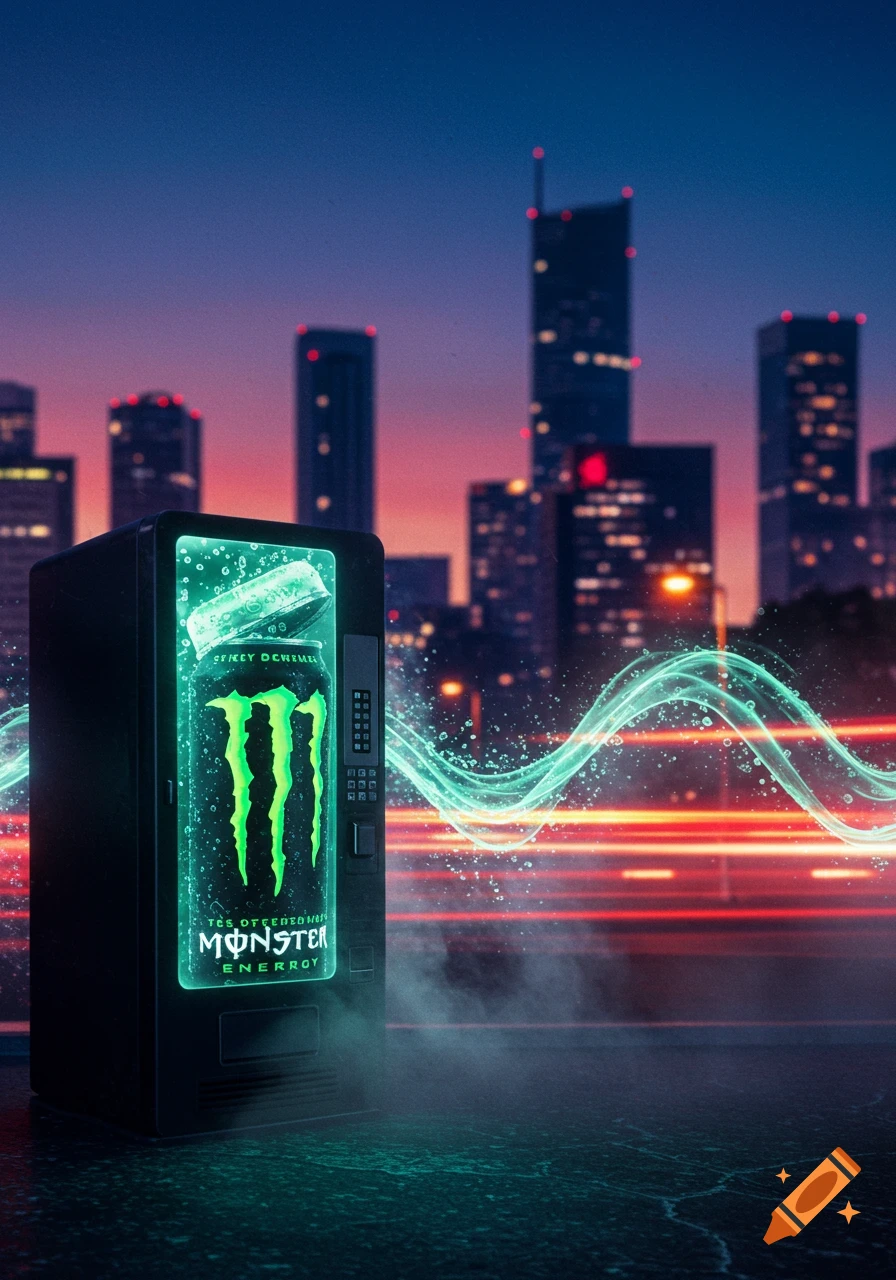 A glowing Monster energy drink vending machine stands on a dark city street with blurred neon city lights and light trails.