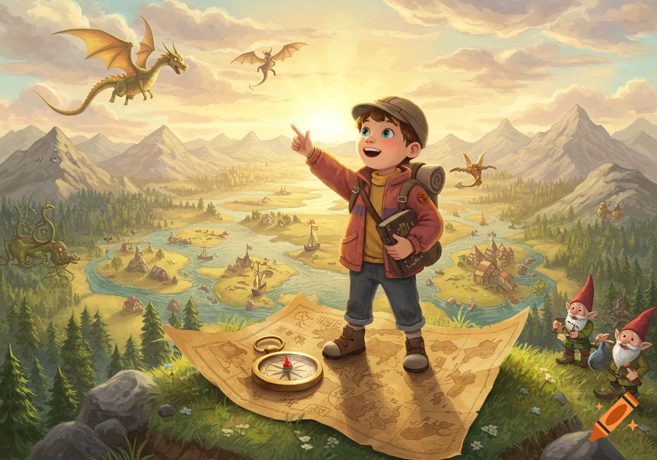 A happy boy explorer stands on a map with a compass, pointing towards a vast fantasy landscape with mountains, rivers, villages, flying dragons, and gnomes, in an illustrative style.