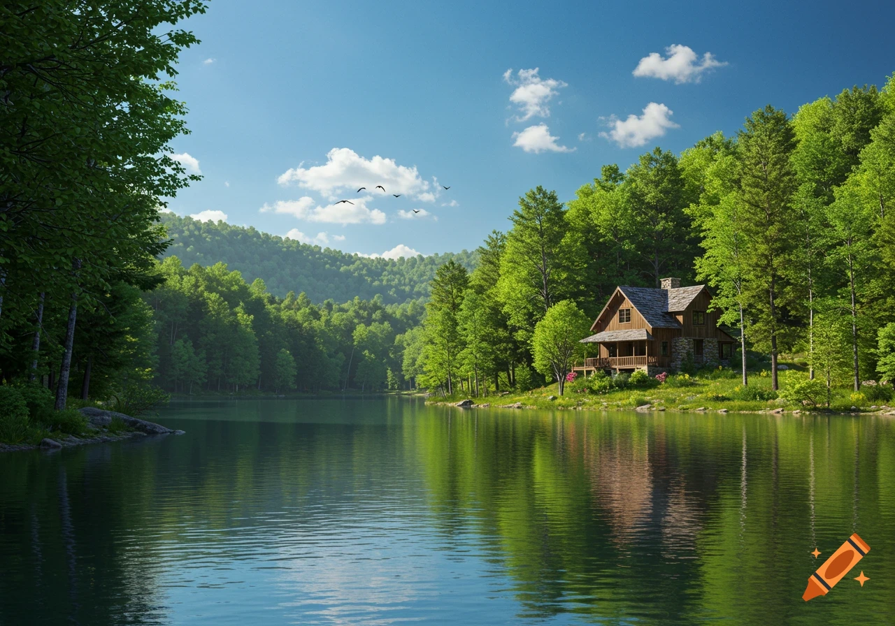A wooden cabin on a grassy slope by a calm lake, surrounded by green forest under a blue sky.