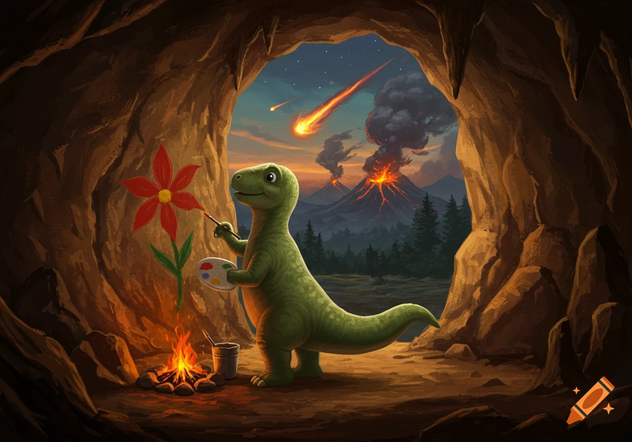 A cute green dinosaur paints a red flower inside a cave, while outside meteors fall and volcanoes erupt at sunset.