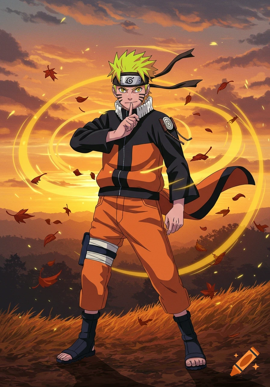 Naruto Uzumaki in his signature orange and black outfit, making a 'shhh' gesture, with an orange sunset background and swirling golden energy.