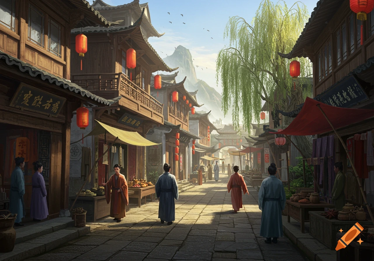 An ancient Chinese street scene with traditional wooden buildings, red lanterns, market stalls, people in traditional attire, and mountains in the background.