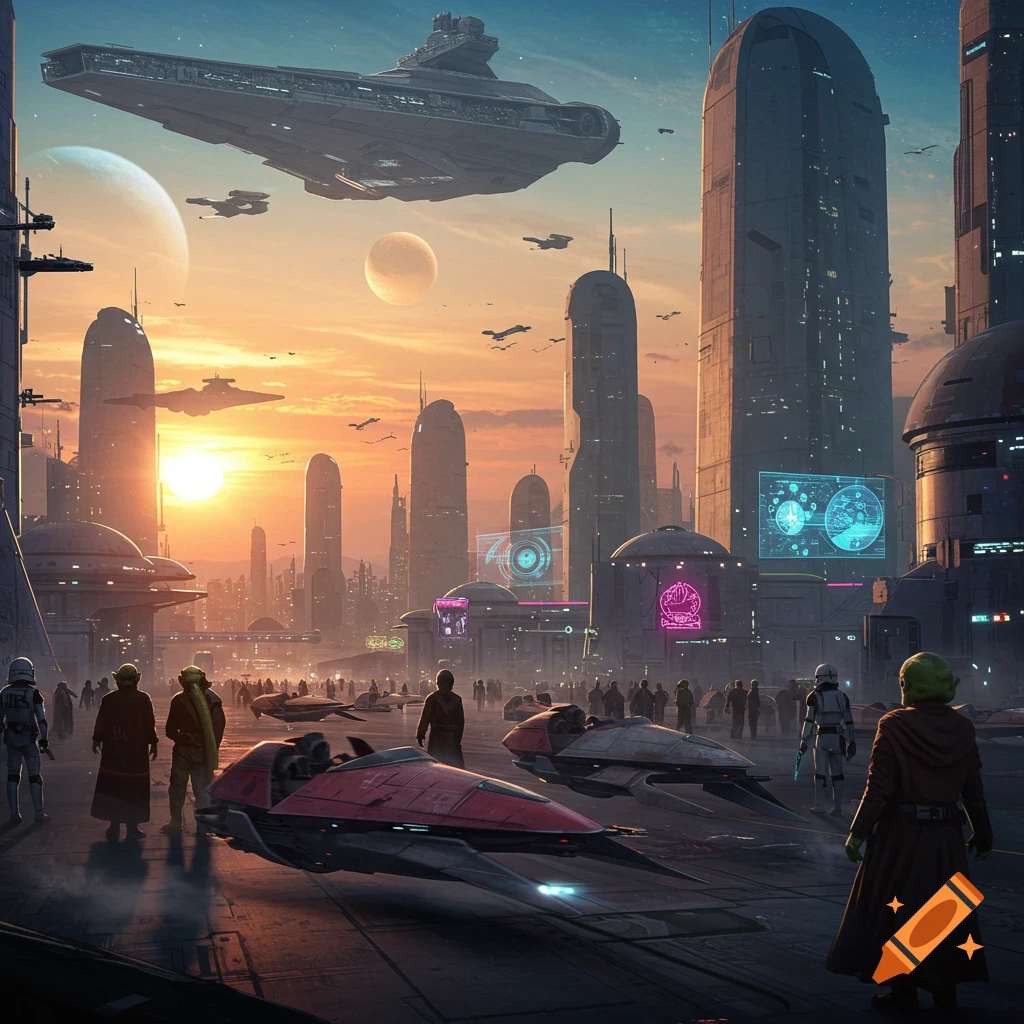A bustling, photorealistic Star Wars-inspired cityscape at sunset, with towering buildings, flying spaceships, hover vehicles, and various figures.