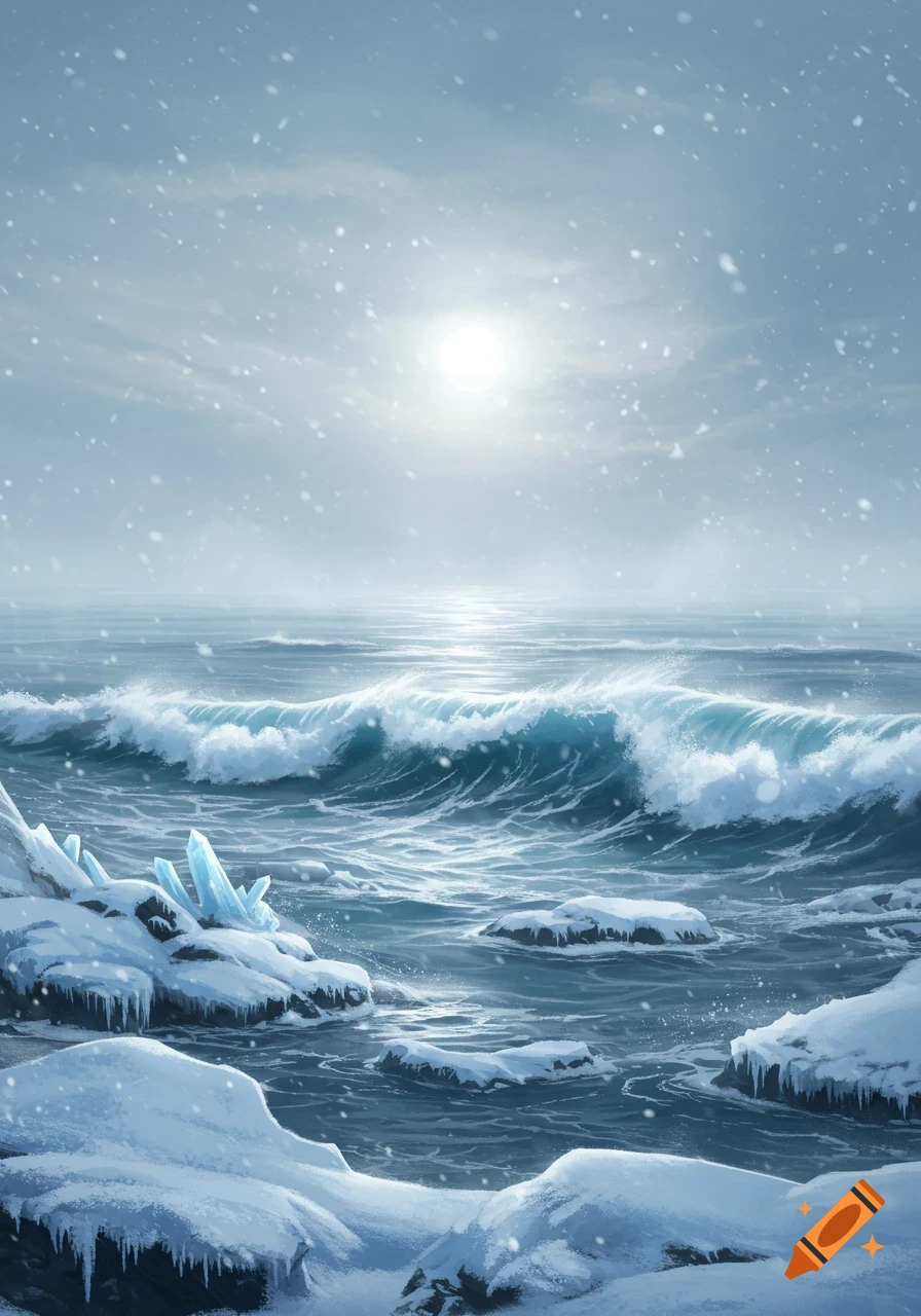 A bright sun shines over a stormy, snowy ocean with waves crashing against ice-covered rocks and ice crystals.
