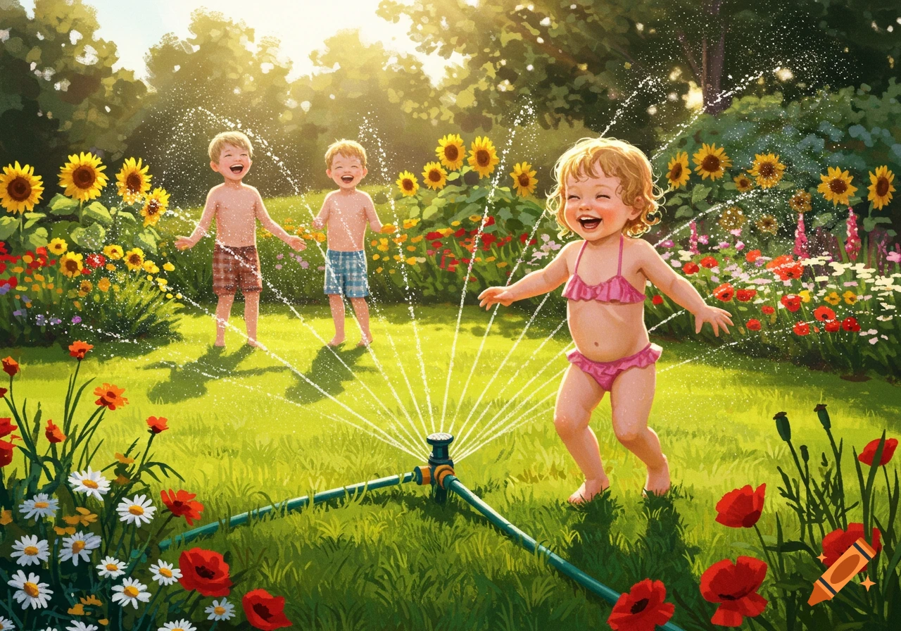 Smiling toddler in a pink bikini plays in a sprinkler with two boys in a bright, sunny garden filled with colorful flowers, illustrative style.