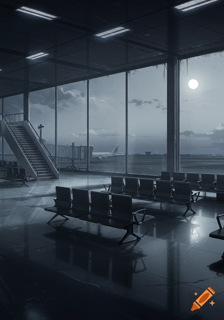 Dark, empty airport terminal at night with a full moon visible through large windows, an airplane on the tarmac, and rows of seats inside.