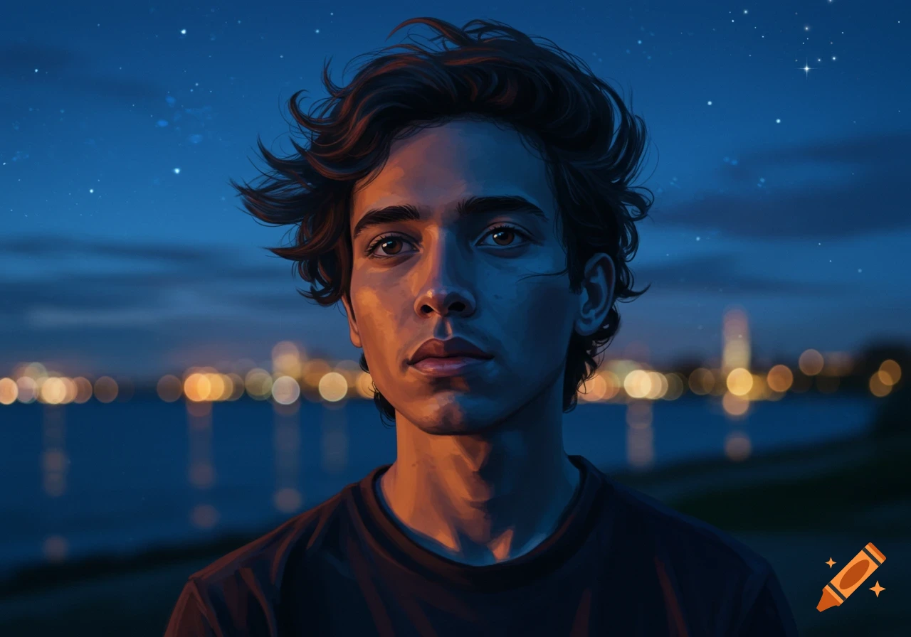 Digital painting of a young man with dark, curly hair, lit by warm and cool light, against a blurry night city skyline.