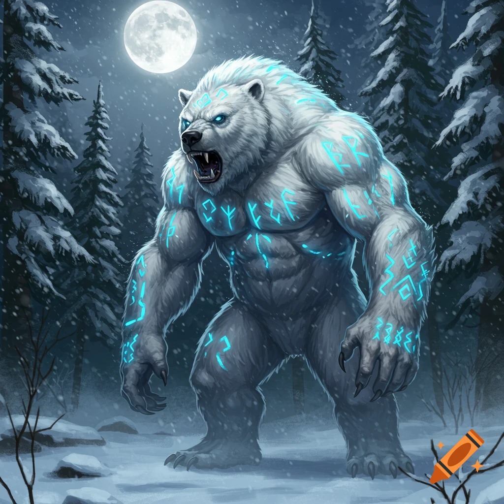 A white werebear with glowing blue runes on its body stands roaring in a snowy forest under a full moon, in a digital painting style.