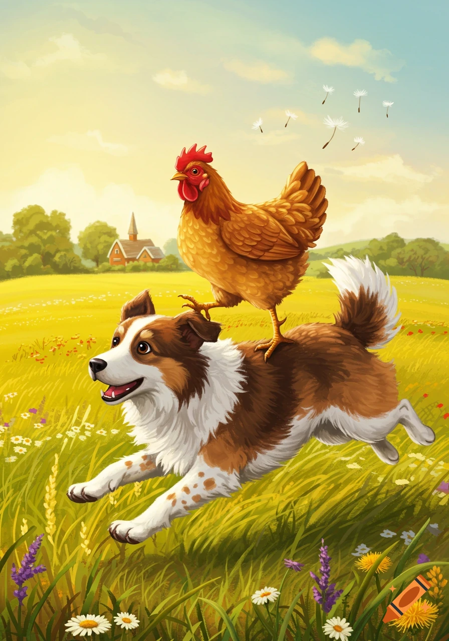 Illustration of a happy brown and white dog running through a sunny field with a chicken on its back and wildflowers.
